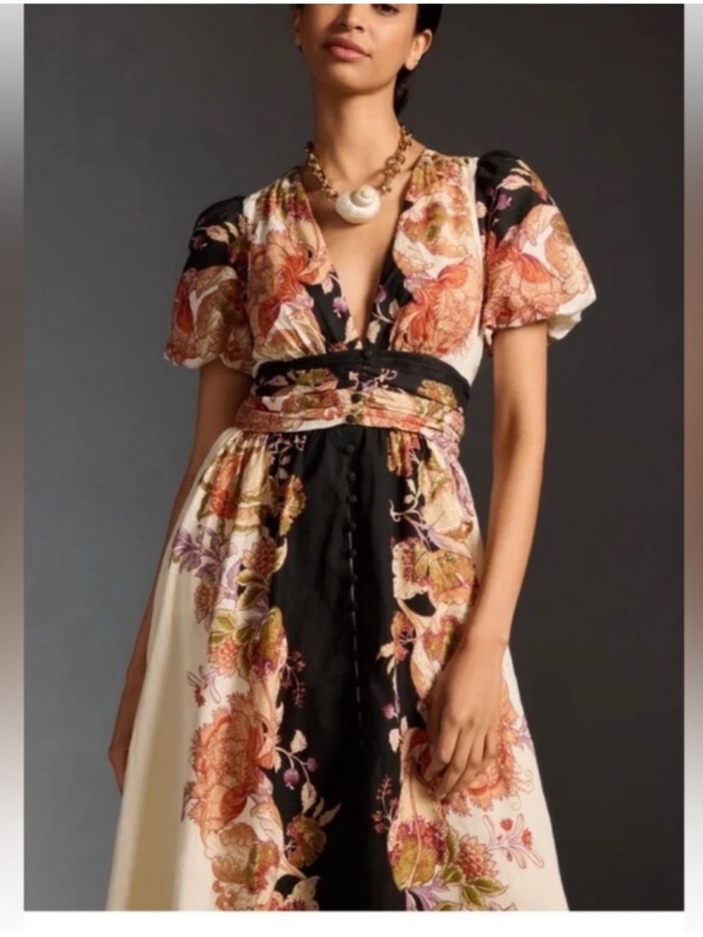 Anthropologie Floral Puff-Sleeve V-Neck Maxi Dress in Black & Cream